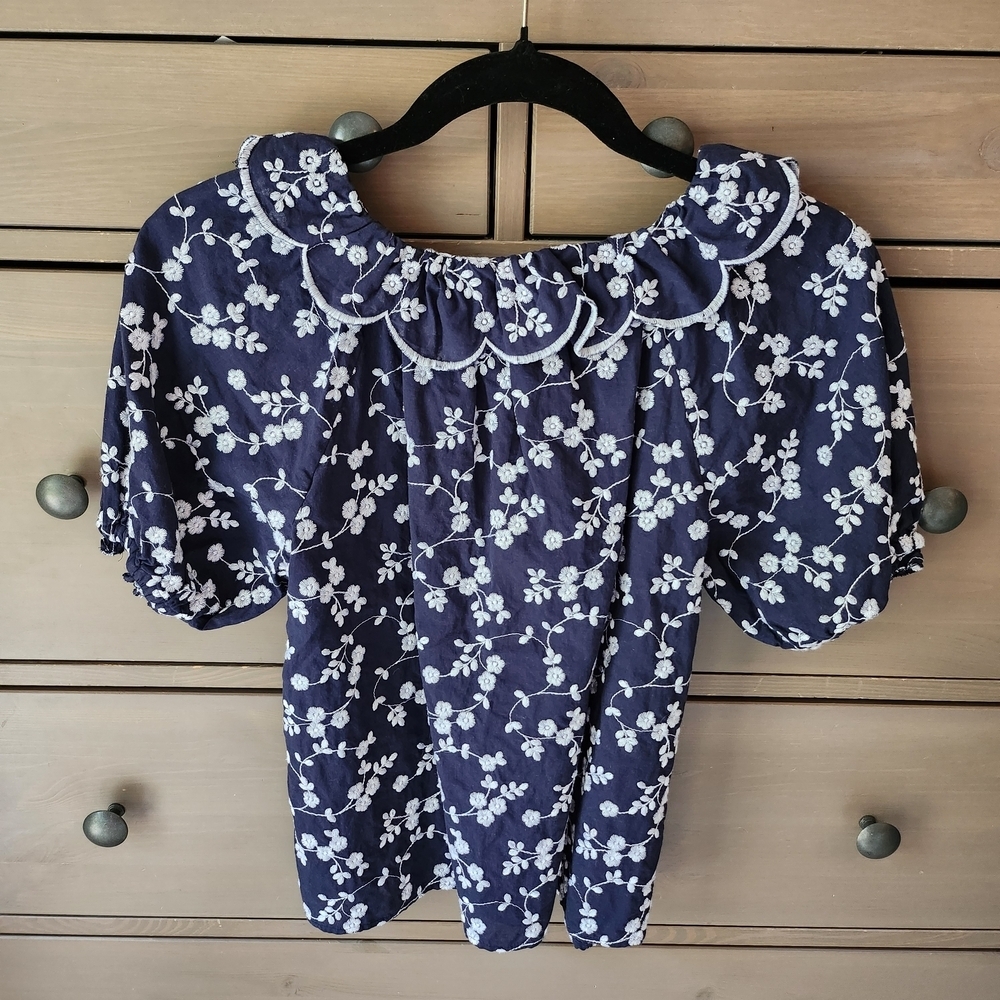 Ann Taylor Navy Blue Blouse with White Embroidered  Floral Design